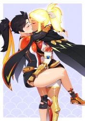2girls anran anran_ye armored_female ass_grab black_hair closed_eyes clothed clothed_female female female_only glowing_hair heroines human human_only illari_(overwatch) illari_quispe_ruiz interracial kissing lesbian_kiss one_leg_up orange_clothing overwatch overwatch_2 questionable standing white_border yellow_hair yuri