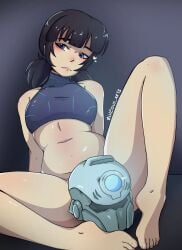 1girls barefoot black_hair blue_eyes blueguy_arts breasts feet female female_only helmet invincible invincible_(tv_series) petite petite_body petite_female sitting slim_female small_breasts solo_female suggestive tech_jacket tech_jacket_(zoe_thompson) thick_thighs thighs