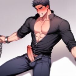 angry angry_face chains gay hairy hairy_cock handsome jacket jacket_open muscles muscular office unzipped unzipped_pants