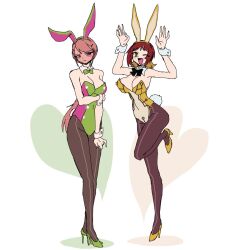 2girls :d arm_around_waist bunny_pose bunnysuit digimon digimon_beatbreak embarrassed frustrated full-face_blush full_body gerusyu happy holding_own_arm kanuma_hotaruko large_breasts looking_away multiple_girls one_eye_closed pink-haired_female pink_hair red-haired_female red_hair sakuya_reina