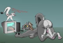 ambiguous_gender angry anthro ass backsack balls big_breasts big_butt big_tail breasts controller dragon duo electronics fangs feet felid female foot_focus fur furred_dragon furred_scalie genitals gynomorph hanging_breasts hi_res intersex intersex/female intersex/intersex looking_back mammal mythological_creature mythological_scalie mythology pawpads paws penis playstation playstation_4 prehistoric_species presenting presenting_hindquarters raised_paw raised_tail rhea_(trichternet) saber-toothed_tiger sabertooth_(anatomy) sabertooth_feline scalie size_difference small_penis smaller_anthro solo sony_corporation sony_interactive_entertainment stretching tail teeth television thick_thighs trichternet wit_(trichternet)