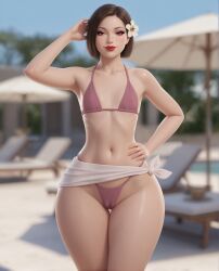1girls ai_assisted ai_generated armpit_crease armpits belly_button bikini blurry_background bob_cut brunette_hair cameltoe eyelashes female flat_breasts flat_chest flower_in_hair gemini hand_on_hip hourglass_figure light-skinned_female lipstick lounge_chair micro_bikini midriff one_arm_behind_head one_hand_on_hip pelvic_line petite poolside red_eyes rgomez007 rib_lines ribs sarong seductive_look self_upload short_hair slender_body smiling_at_viewer solo_female stable_diffusion standing swimming_pool swimsuit thick_eyelashes thick_lips thick_thighs warm_lighting wide_hips