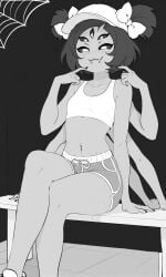 ai_generated aicrotor crop_top cute greyscale haaru_(style) hat legs muffet shorts skater small_breasts smile undertale wholesome