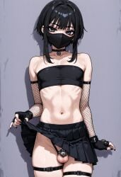1boy 1femboy 2025 ai_generated balls black_hair black_mask black_nail_polish black_nails black_skirt blush cat_bell chastity_cage choker civitai collar ear_piercing femboy feminine_male fingerless_gloves girly goth goth_femboy lifting lifting_own_clothes lifting_skirt looking_at_viewer mask mouth_mask nail_polish outdoors outside skirt skirt_lift skirt_up solo testicles thigh_strap thigh_straps thighs wolf999