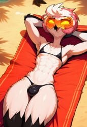 ai_generated anthro beach beach_towel beach_umbrella bikini cocky69 feathered_body feathers femboy glasses helluva_boss humanoid owl_demon sunbathing thick_thighs thong thong_bikini tight_clothing tiny_penis trees vassago_(helluva_boss)