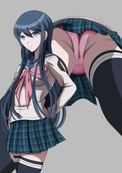 1girls blue_eyes blue_hair clothing danganronpa female legs_apart long_hair maizono_sayaka panties pink_panties skirt smile solo standing straight_hair thighhighs upskirt