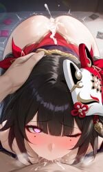 1girls ai_generated blowjob cum_on_ass deepthroat hands_on_head heart-shaped_pupils honkai:_star_rail impacter looking_at_viewer one_eye_closed pov_blowjob pov_hands sparkle_(honkai:_star_rail) trembling used_condom