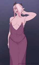 1girls dress female female_focus hair_over_one_eye horns kalruna kim'dael_(the_dragon_prince) nipple_rings pink_hair purple_dress solo solo_female the_dragon_prince