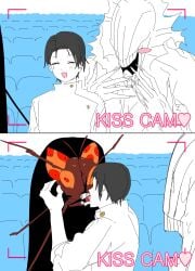 1boy 1girls 1other 2d 2d_(artwork) 2d_artwork blush blush_lines blushing cockroach color colored jujutsu_kaisen kiss_cam kissing kurourushi n___noz orimoto_rika shocked sweat sweatdrop yuta_okkotsu yuta_the_roach_fucker