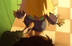 2025 anthro aoncyth ass ass_focus blonde_hair bottomwear brown_hair clothed clothing deer deltarune deltarune_tomorrow digital_media_(artwork) female female_focus hand_on_tail hi_res human human_on_anthro kris_(deltarune) male male/female mammal new_world_deer noelle_holiday reindeer school scut_tail short_tail skirt suggestive suggestive_gesture tail teasing topwear undertale_(series)