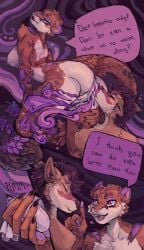 absurd_res anthro anus aroused ass bent_over blush bodily_fluids bondage boop bound breasts brown_body brown_fur brown_hair butt_sniffing canid canine claws closed_eyes comic command condom cougar cum dialogue dominant dominant_anthro dominant_female duo fart fart_fetish fart_sniffing felid feline female ferox_(feroxdoon) filled_condom fox fur gassy genital_fluids genitals hair heart_symbol hi_res hybrid jaguar male male/female mammal narenolust nipples nonbinary_(lore) nose_boop orange_body orange_fur pantherine presenting purple_body purple_eyes purple_fur raised_tail red_body red_fox red_fur scent scent_play sero_(feroxdoon) sexual_barrier_device sniffing speech_bubble submissive submissive_anthro submissive_male tail tan_body tan_fur true_fox vulva white_body white_fur