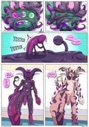 absurd_res anthro balls bedroom bedroom_sex big_ears big_eye big_penis buckteeth comic comic_panel dialogue dinosaur dromaeosaurid duo fur fur_markings furred_scalie furry_tail fusing fusion genitals goo_creature goo_transformation hair hi_res horn hybrid imminent_sex lagomorph lavasaurous lazarus_(lavasaurous) leporid long_ears male male/male mammal markings merging nude penis pink_body pink_fur pink_hair prehistoric_species rabbit reptile saurischian scalie simon_(lavasaurous) slime spots spotted_body spotted_fur symbiote tail teeth tentacle theropod throbbing throbbing_penis transformation