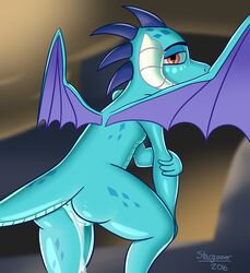 2016 anus ass cum cum_in_pussy cum_inside cyan_scales dragon female feral friendship_is_magic hi_res horn looking_at_viewer looking_back membranous_wings my_little_pony princess_ember_(mlp) pussy red_eyes scales scalie solo spade_tail spread_wings stargazer wings