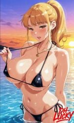 1girls ai_generated ane_wa_yanmama_junyuuchuu_in_jikka backboob beach big_breasts bikini_bottom black_bikini blush blush_lines breasts brown_eyes dh_lucky female hentai_series long_hair looking_at_viewer mature_female ocean orange_hair partially_submerged pulling_strap reflective_body sano_aika sea shiny_skin solo solo_female solo_focus submerged sunlight sunscreen sweat wet wet_body wide_hips