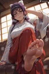 ai_generated armpits barefeet barefoot black_hair brown_eyes feet feet_fetish feet_focus feet_up female female_focus foot_fetish foot_focus high_resolution highres iori_utahime jujutsu_kaisen kimono light-skinned_female light_skin looking_at_viewer lyuraiart scar scar_on_face sexy_body sexy_pose sweat sweating sweaty sweaty_body teasing thick_thighs thighs utahime_iori wide_hips