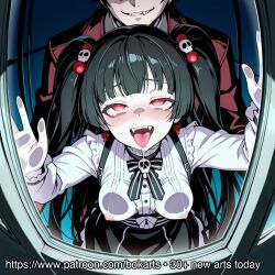 1boy ahe_gao ai_generated black_hair blush bokarts drooling elevator explicit fangs female large_breasts nipples nsfw patreon red_eyes saliva skull_hair_accessories sweat tongue_out twintails vampire