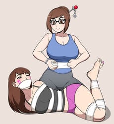 2girls asian barefoot bdsm bondage bound_arms bound_breasts bound_legs breasts brown_eyes brown_hair cleavage color comic d.va deviantart facepaint feet female female_only femdom femsub gag gagged glasses happy_sub human human_only jam-orbital large_breasts lesbian lezdom mei_(overwatch) microfoam microfoam_tape mouth_gag multiple_females multiple_girls one_eye_closed overwatch roll_of_tape smile submissive submissive_female tape tape_gag taped_ankles taped_legs taped_mouth white_tape yuri