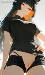 ai_generated ass_focus back_view black_hair from_behind hands_on_butt hoshimi_miyabi orange_hair pussy_view shineinsfw shiny_skin solo zenless_zone_zero