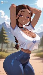 1girls absurd_res absurdres ai_generated arms_behind_head arms_up ass avatar_the_last_airbender big_ass big_breasts black_choker blue_eyes blue_pants blurred_background blurry_background blush braid braided_ponytail breasts brown_hair cartoon cartoony choker cleavage cowboy_shot crop_top crop_top_overhang cropped_shirt dark-skinned_female dark_skin dark_skinned_female day depth_of_field female female_focus hair_ornament heart heart_choker heart_shaped_pupils hi_res high_quality high_resolution high_waist_pants highres jewelry katara large_ass large_breasts long_hair looking_at_viewer midriff odexai outdoors pants parted_lips shirt short_sleeves sky small_waist smile solo solo_focus straight symbol_shaped_pupils thick_thighs thighs thin_waist tight_clothes tree white_shirt wide_hips yoga_pants