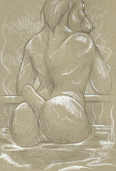 2018 anthro anus ass biped brown_background cadmiumtea canine canine doberman female hair mammal monochrome nude partially_submerged pencil_(artwork) pussy rear_view sepia short_tail simple_background small_tail solo traditional_media_(artwork) water