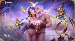 1boy 1girl ahegao ai_generated angry arena_of_valor bell big_ass bikini blue_hair choking christmas confetti curvy dramatic_lighting fantasy from_behind glasses hand_on_neck hetero huge_breasts long_hair micro_bikini mistletoe muscular_male neck_grab open_mouth purple_background red_bikini santa_hat star_pasties strangling struggle tongue_out veres_(arena_of_valor) voluptuous white_hair zata_(arena_of_valor)