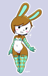 2017 animal_crossing anthro armwear bedroom_eyes bottomless brown_fur brown_hair buckteeth carmen_(animal_crossing) clothed clothing cute disfigure dot_eyes elbow_gloves female female_only flat_chested fur furry furry_only gloves hair half-closed_eyes heart hi_res lagomorph legwear looking_at_viewer mammal multicolored_fur navel nintendo partially_clothed pussy rabbit seductive short_hair shortstack simple_background solo solo_female teeth thigh_highs topwear two_tone_fur video_games white_fur