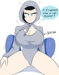 1boy 1boy1girl 1girls 2018 ? big_breasts big_hips black_hair blue_eyes breasts cleavage clothing dialogue faceless_male female hoodie huge_breasts jinu kneeling large_breasts leotard sex_doll short_hair text thicc_doll_(wm_doll) thick_thighs thighs wm_doll