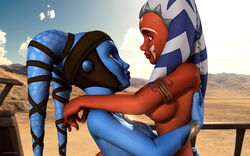 2girls 3d aayla_secura ahsoka_tano alien alien_girl alternate_version_available armband artist_name bald bantha-ii_cargo_skiff bare_shoulders big_breasts blue_skin bracer clone_wars day detailed_background duo eyelashes female female_only front_view headgear humanoid jedi jedi_master jedi_padawan kondaspeter looking_down looking_up mammal marking multiple_girls necklace orange_skin outdoor outside pose posing purple_lips shadow shiny shiny_skin star_wars tatooine the_clone_wars:_season_four togruta twi'lek yuri