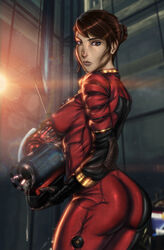 1girls asian ass big_ass breasts brown_hair clothed clothing female game gun handwear human jumpsuit morgan_yu nipples prey_(game) solo ultamisia weapon