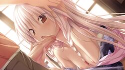 blush braids breasts brown_eyes chrono_clock game_cg japanese_clothes kimono koku kuro_(chrono_clock) long_hair nipples penis purple_software tsukimori_hiro uncensored wet white_hair