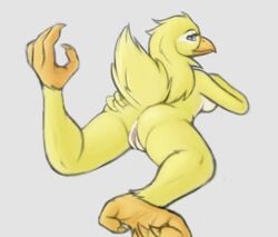 2018 anthro ass avian beak bird breasts colored_sketch evilymasterful female furry furry_only hand_on_butt looking_back lying makeup mascara nude on_front pussy smile solo