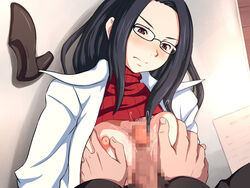 areolae black_hair blush breast_grab breast_squeeze breasts breasts_out brown_eyes censored closed_mouth clothing female glasses highres justice_gakuen labcoat large_breasts long_hair looking_down lying maku_(l-u) minazuki_kyouko mosaic_censoring nipples no_bra paizuri partial_male penis rival_schools shoes small_breasts solo_focus sweat sweater sweater_lift table titfuck turtleneck turtleneck_sweater upper_body