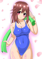 ass blush breasts brown_hair cameltoe cleavage female hair_ornament hair_ribbon large_breasts looking_at_viewer purple_eyes ribbon sakura_trick smile solo swimsuit swimwear takayama_haruka takkuru_berry