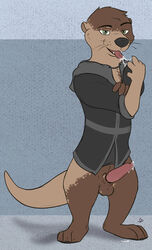 anthro bracken clothing cum dirty.paws feral hoodie looking_at_viewer mammal model_sheet mustelid orgasm otter penis playful precum presenting semi-anthro