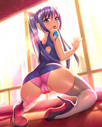 1girls ass blue_hair cameltoe fairy_tail female female_only high_heels looking_at_viewer looking_back lucknight no_nude panties pink_panties solo thighhighs wendy_marvell