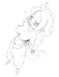 1girls 2010s android_21 breasts dragon_ball dragon_ball_fighterz drawn female female_only flashing full_body goat-head_(artist) humanoid light_persona line_art long_hair majin majin_android_21 monochrome pointy_ears shirt_pull solo standing tail tubetop white_background white_hair