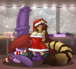 anal_beads anthro big_dildo blush chea_(moonshines) christmas clothed clothing dildo equine_dildo feline female furry garter holidays hyper_dildo inside kneeling limebreaker mammal masturbation open_mouth penetration sex_toy snow solo stomach_bulge vaginal_penetration