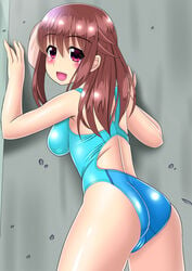 ass blush breasts brown_hair cameltoe female large_breasts looking_back purple_eyes sakura_trick smile solo swimsuit swimwear takayama_haruka takkuru_berry