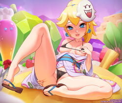 1girls alternate_costume anus areola areolae ass bare_shoulders bikini biting_lip blonde blonde_hair blue_eyes boo_(mario) bra breast_grab breasts breasts_apart chest cleavage clitoris clothing covered_nipples earrings eyelashes eyes feet female female_focus female_only footwear hair hand_on_ass hand_on_breast headgear headwear highres japanese_clothes jewelry kimono laying legs legs_apart lips lipstick looking_at_viewer lying makeup mario_(series) mask mask_on_head medium_breasts micro_bikini nintendo nipples nude open_toe_shoes panties pink_lipstick ponytail princess_peach pussy robe sandals sefuart shoe_dangle short_hair sitting skimpy solo spread_legs super_mario_odyssey swimsuit teeth vagina watermark web_address zouri