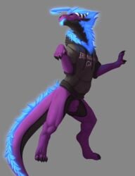 animal_genitalia anthro balls blue_fur blue_tongue clothing dragon fully_sheathed fur grey_scales hoodie kazzy kazzyboii male male_only purple_scales scales semi-anthro sheath solo standing tongue tongue_out