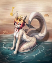 anthro beach collar ear_piercing ear_ring facial_piercing female fish hi_res kneeling lip_piercing lip_ring looking_at_viewer luna_(yuu17) marine nipple_piercing nipples nude piercing red_eyes sea seaside shark smile solo water yorzis