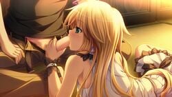 blonde_hair blush chrono_clock dorothy_davenport fellatio female game_cg green_eyes long_hair male penis purple_software tsukimori_hiro uncensored wristwear