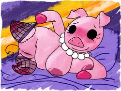 anthro anus areola bed big_breasts black_eyes blush breast_squish breasts clothing empty_eyes eyelashes female fishnet fishnet_legwear jewelry legwear living_plush looking_at_viewer mammal mrs._pig necklace nipples on_bed pig pink_nose pink_skin porcine presenting presenting_pussy purple_nipples pussy raised_leg smile solo spread_legs spreading stockings the_weaver toybox_pals voluptuous