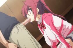 10s 1boy 1girls animated big_breasts censored clothing fellatio female looking_at_partner oral penis pink_pineapple purple_eyes real_eroge_situation! red_hair satogami_yuri sucking