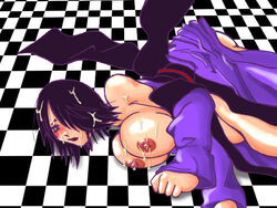 1girls blush checkered_floor cum_on_breasts cum_on_face facial large_breasts murasaki murasaki_(pop'n_music) open_kimono pop'n_music purple_kimono short_hair solo tagme