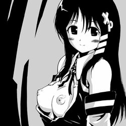 2chan bare_shoulders black_hair breasts breasts_out detached_sleeves female female_only grey_background hair_ornament hair_ribbon hairpin long_hair long_sleeves looking_at_viewer medium_breasts michael_f91 monochrome nipples open_clothes open_vest os-tan ribbon simple_background solo solo_female vest xp-tan