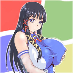 1girls 2chan artist_request black_hair breasts clothing female huge_breasts long_hair looking_at_viewer nipple_bulge os-tan skin_tight tight_clothing windows_xp xp-tan