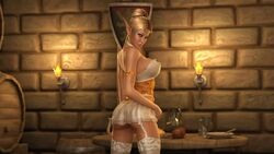 1girls 3d barrel blonde_hair elf elf_ears elf_female fantasy female female_only hitmanx3z looking_back_at_viewer nipple_bulge shield solo solo_female syndori tagme tavern torch