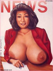 black_hair breasts breasts_out brown_eyes connie_chung duncan_gutteridge large_areolae large_breasts open_jacket red_jacket smile