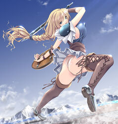 ass blonde_hair blue_eyes boots braid breasts erect_nipples female female_only huge_breasts human large_breasts legs long_legs milf panties shield shiragi solo sophitia_alexandra soul_calibur sword thigh_boots thighhighs thighs underwear weapon